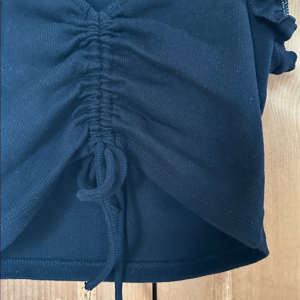 Zara Black Ruched Crop Top with Ruffle Sleeves - Picture 3 of 4